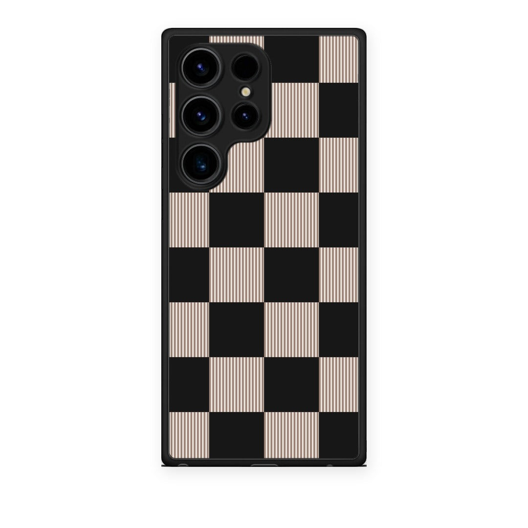 Θήκη Samsung Galaxy S24 Ultra Black and Taupe Striped Checks από τη Smartfits με σχέδιο στο πίσω μέρος και μαύρο περίβλημα | Samsung Galaxy S24 Ultra Black and Taupe Striped Checks case with colorful back and black bezels