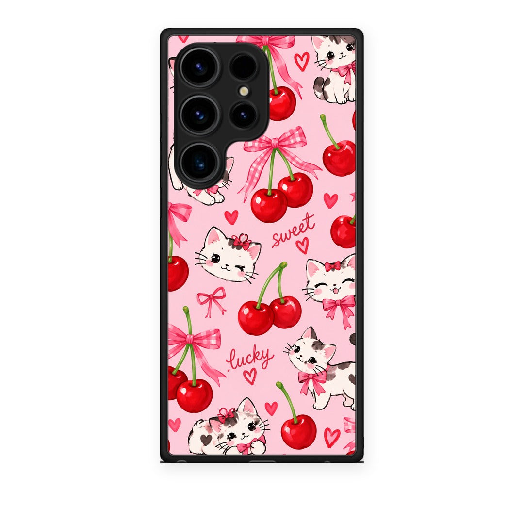 Θήκη Samsung Galaxy S24 Ultra Cherries Bows and Kittens on Pink από τη Smartfits με σχέδιο στο πίσω μέρος και μαύρο περίβλημα | Samsung Galaxy S24 Ultra Cherries Bows and Kittens on Pink case with colorful back and black bezels