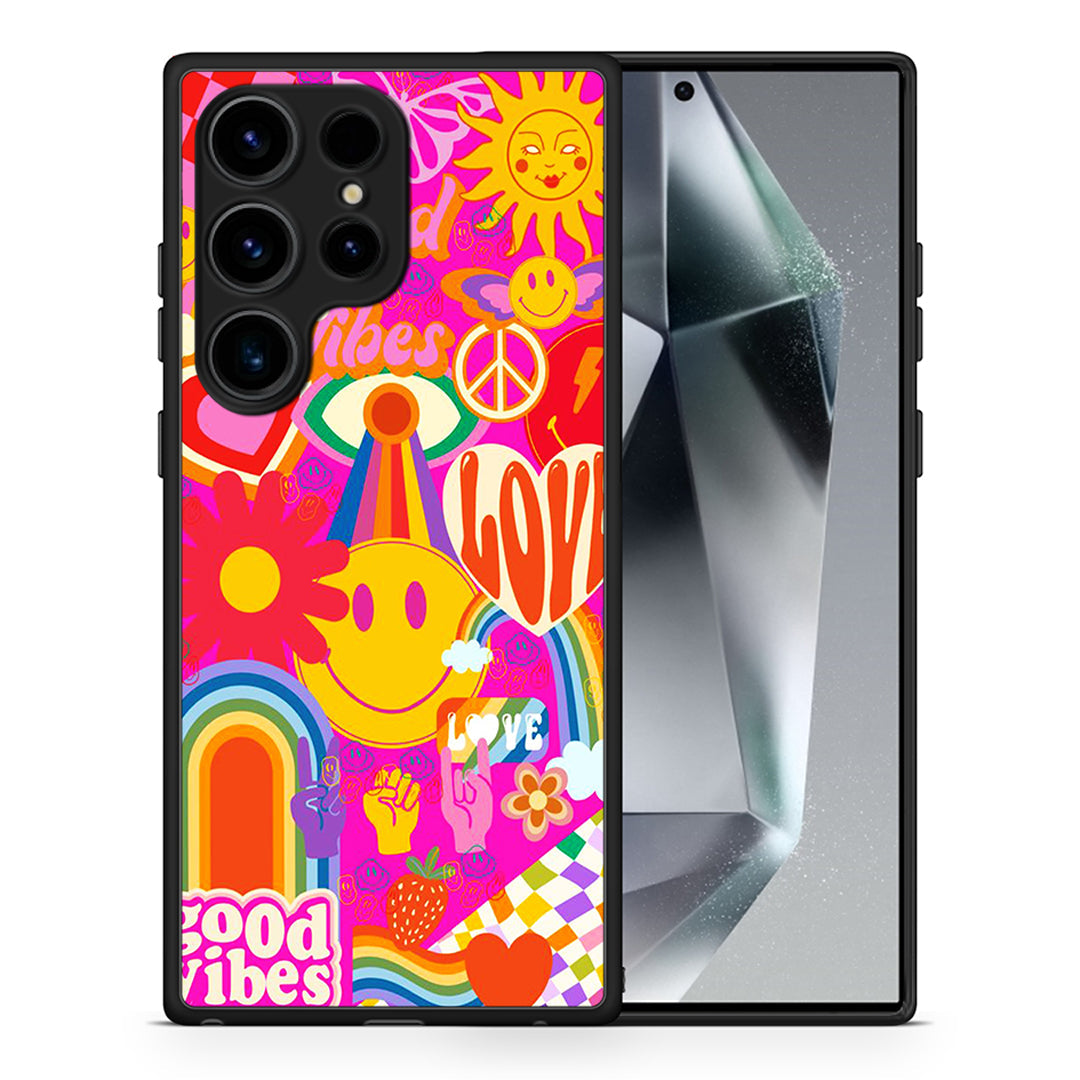 Θήκη Samsung Galaxy S24 Ultra Hippie Love από τη Smartfits με σχέδιο στο πίσω μέρος και μαύρο περίβλημα | Samsung Galaxy S24 Ultra Hippie Love Case with Colorful Back and Black Bezels