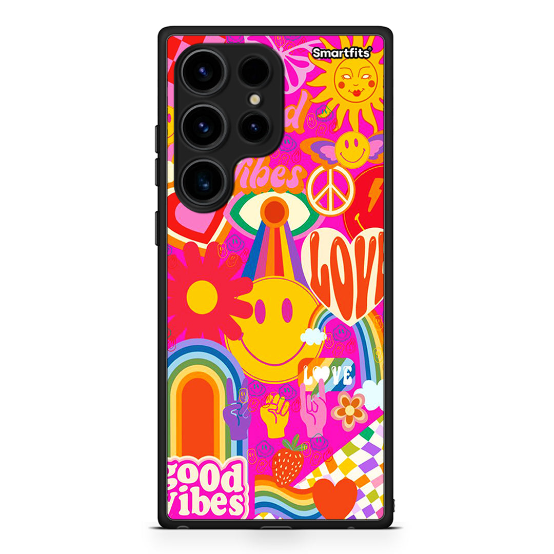 Θήκη Samsung Galaxy S24 Ultra Hippie Love από τη Smartfits με σχέδιο στο πίσω μέρος και μαύρο περίβλημα | Samsung Galaxy S24 Ultra Hippie Love Case with Colorful Back and Black Bezels