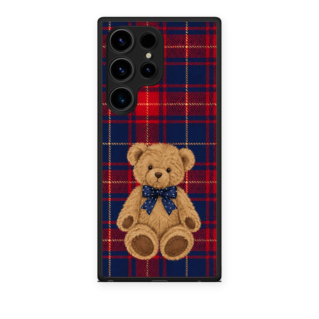 Θήκη Samsung Galaxy S24 Ultra Teddy Bear on Red and Navy Tartan από τη Smartfits με σχέδιο στο πίσω μέρος και μαύρο περίβλημα | Samsung Galaxy S24 Ultra Teddy Bear on Red and Navy Tartan case with colorful back and black bezels