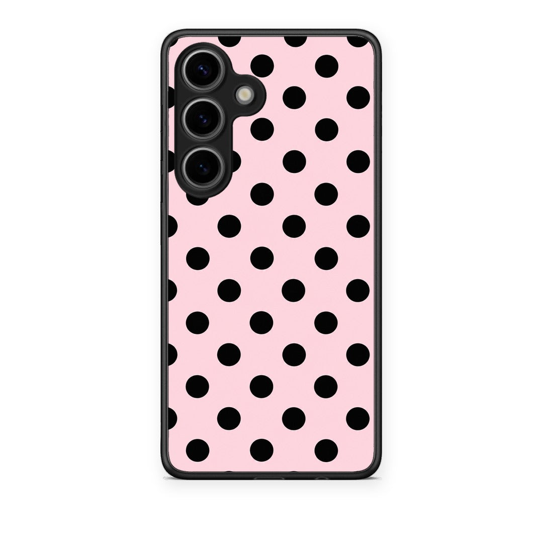 Θήκη Samsung Galaxy S25 Black Polka Dots on Pink από τη Smartfits με σχέδιο στο πίσω μέρος και μαύρο περίβλημα | Samsung Galaxy S25 Black Polka Dots on Pink case with colorful back and black bezels