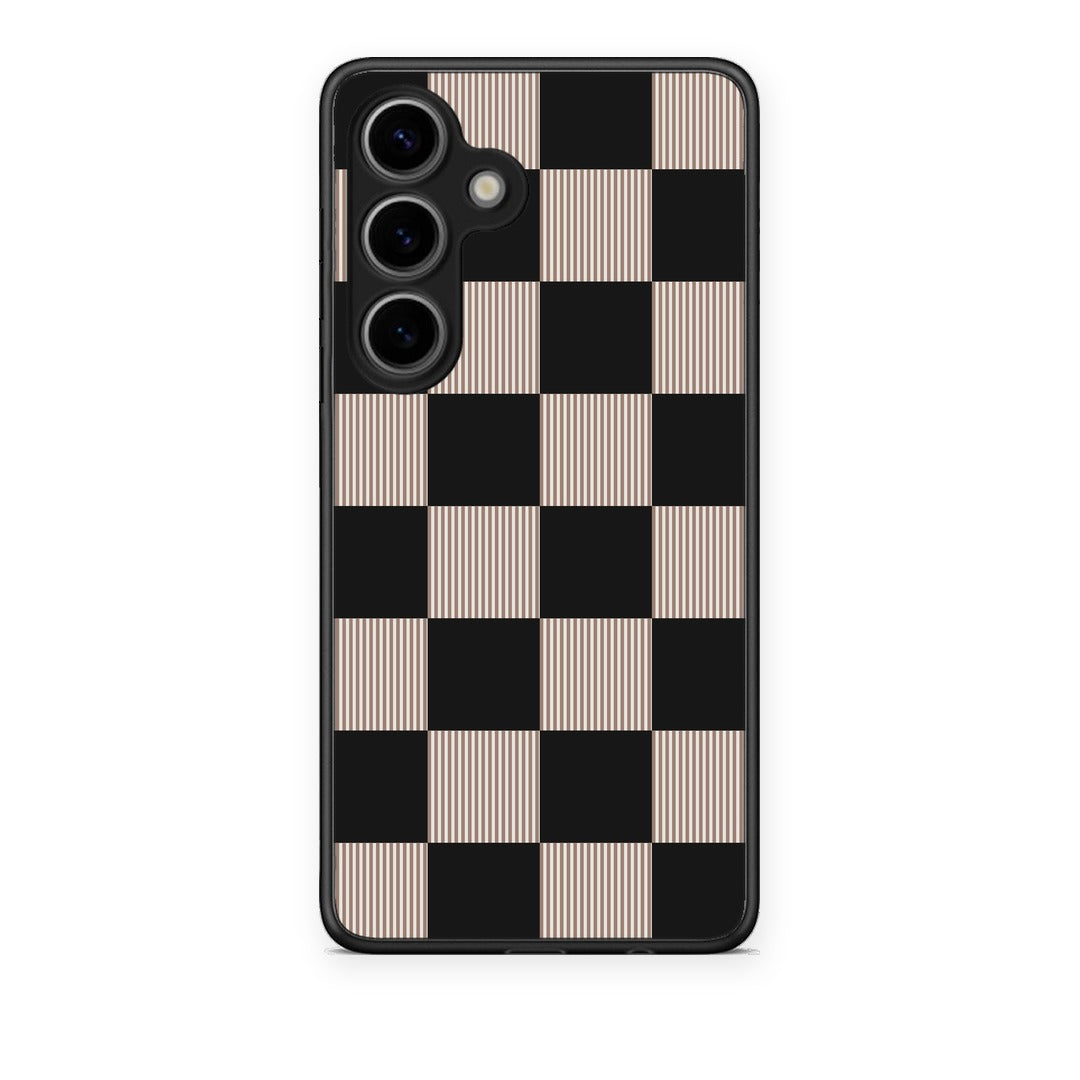 Θήκη Samsung Galaxy S25 Black and Taupe Striped Checks από τη Smartfits με σχέδιο στο πίσω μέρος και μαύρο περίβλημα | Samsung Galaxy S25 Black and Taupe Striped Checks case with colorful back and black bezels