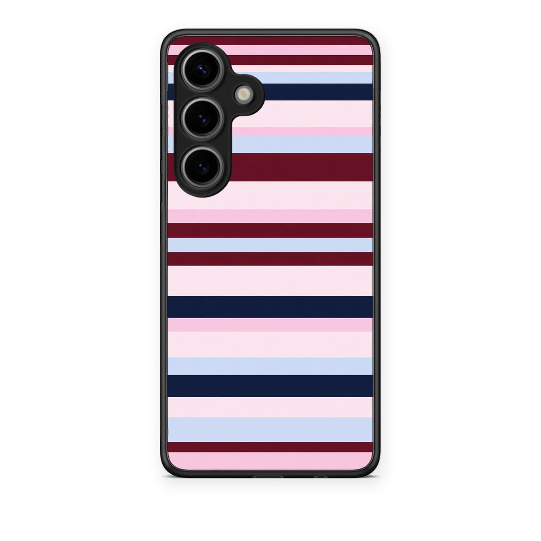 Θήκη Samsung Galaxy S25 Burgundy Pink and Blue Horizontal Stripes από τη Smartfits με σχέδιο στο πίσω μέρος και μαύρο περίβλημα | Samsung Galaxy S25 Burgundy Pink and Blue Horizontal Stripes case with colorful back and black bezels