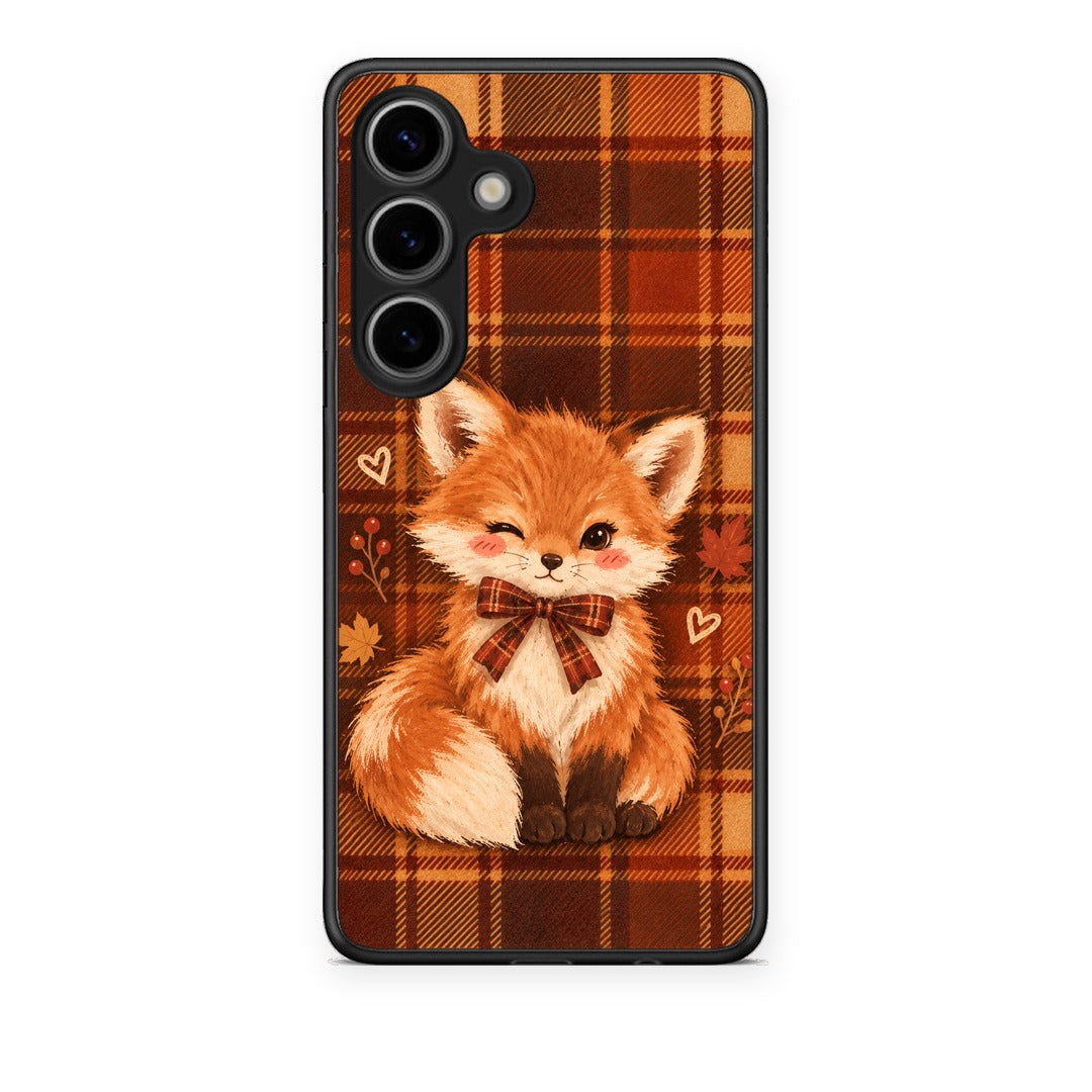 Θήκη Samsung Galaxy S25 Fox on Autumn Tartan από τη Smartfits με σχέδιο στο πίσω μέρος και μαύρο περίβλημα | Samsung Galaxy S25 Fox on Autumn Tartan case with colorful back and black bezels