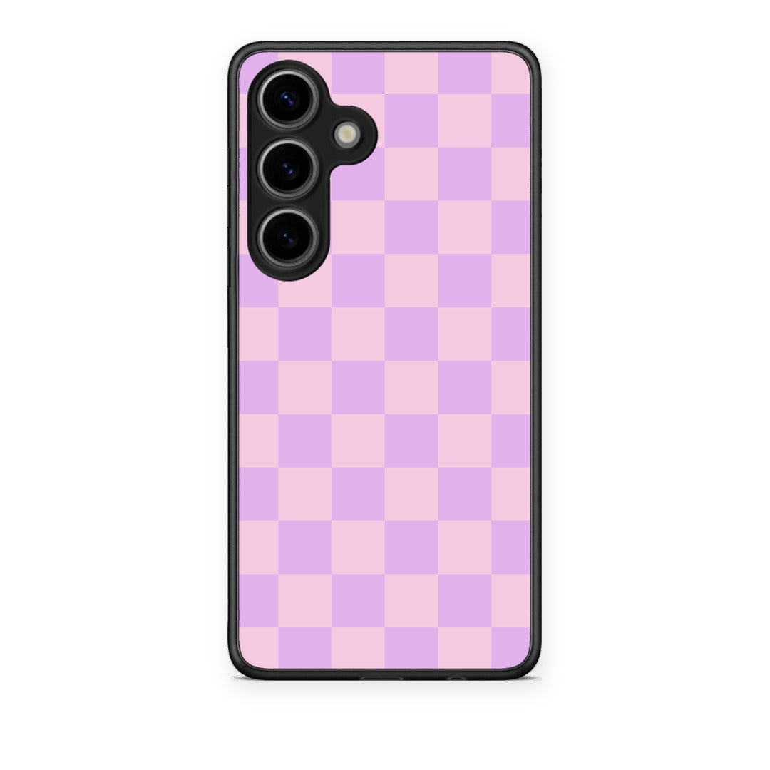 Θήκη Samsung Galaxy S25 Lavender and Pink Checkerboard από τη Smartfits με σχέδιο στο πίσω μέρος και μαύρο περίβλημα | Samsung Galaxy S25 Lavender and Pink Checkerboard case with colorful back and black bezels