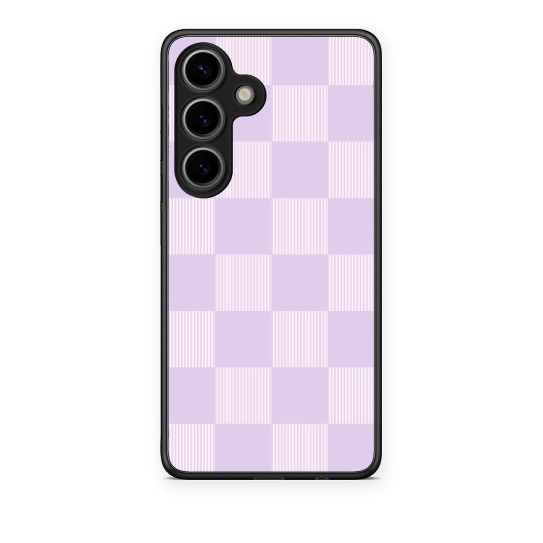 Θήκη Samsung Galaxy S25 Lilac and Cream Striped Checks από τη Smartfits με σχέδιο στο πίσω μέρος και μαύρο περίβλημα | Samsung Galaxy S25 Lilac and Cream Striped Checks case with colorful back and black bezels