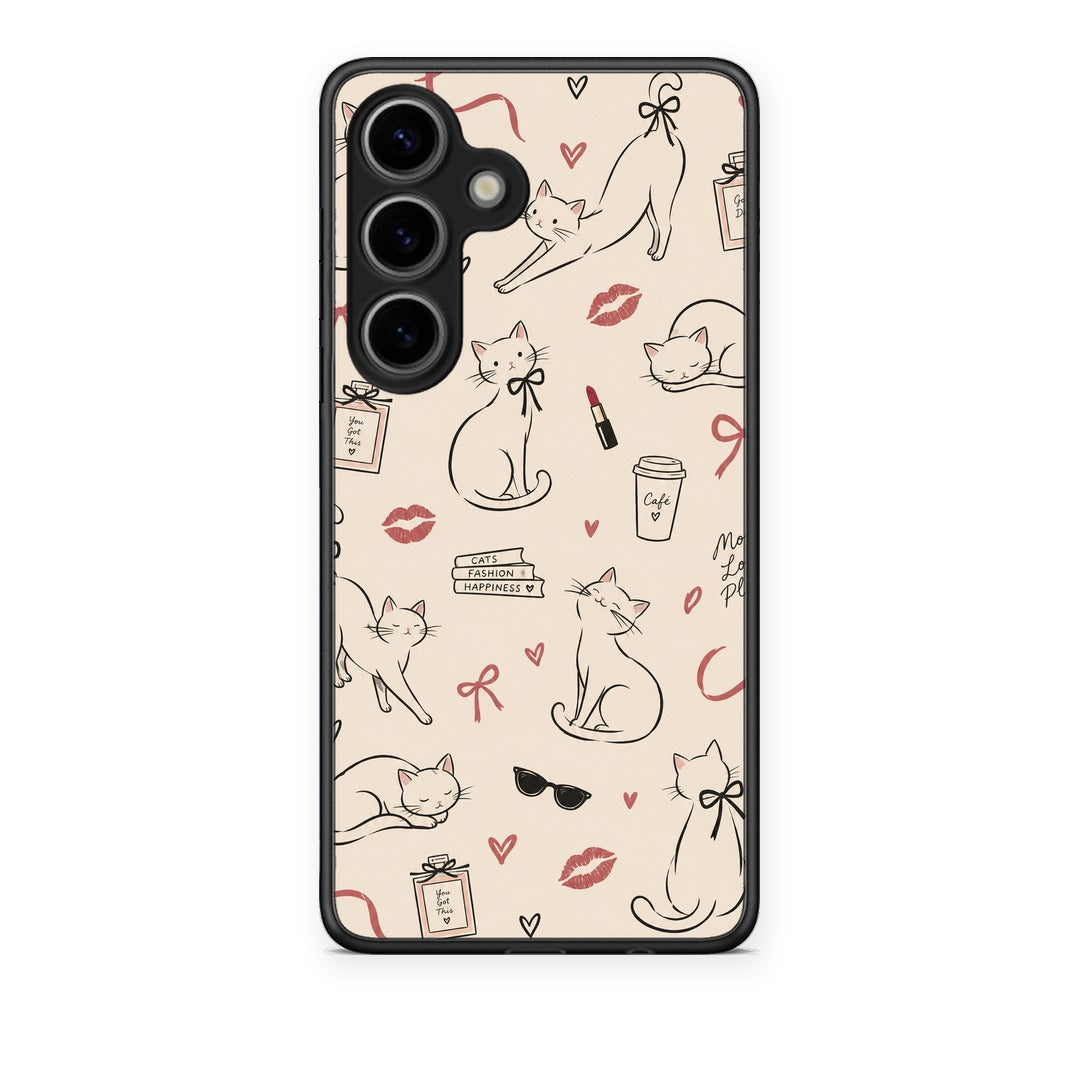 Θήκη Samsung Galaxy S25 Minimal Cat and Fashion Doodles on Cream από τη Smartfits με σχέδιο στο πίσω μέρος και μαύρο περίβλημα | Samsung Galaxy S25 Minimal Cat and Fashion Doodles on Cream case with colorful back and black bezels