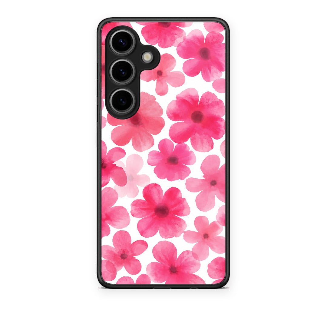 Θήκη Samsung Galaxy S25 Pink Watercolour Flowers on White από τη Smartfits με σχέδιο στο πίσω μέρος και μαύρο περίβλημα | Samsung Galaxy S25 Pink Watercolour Flowers on White case with colorful back and black bezels