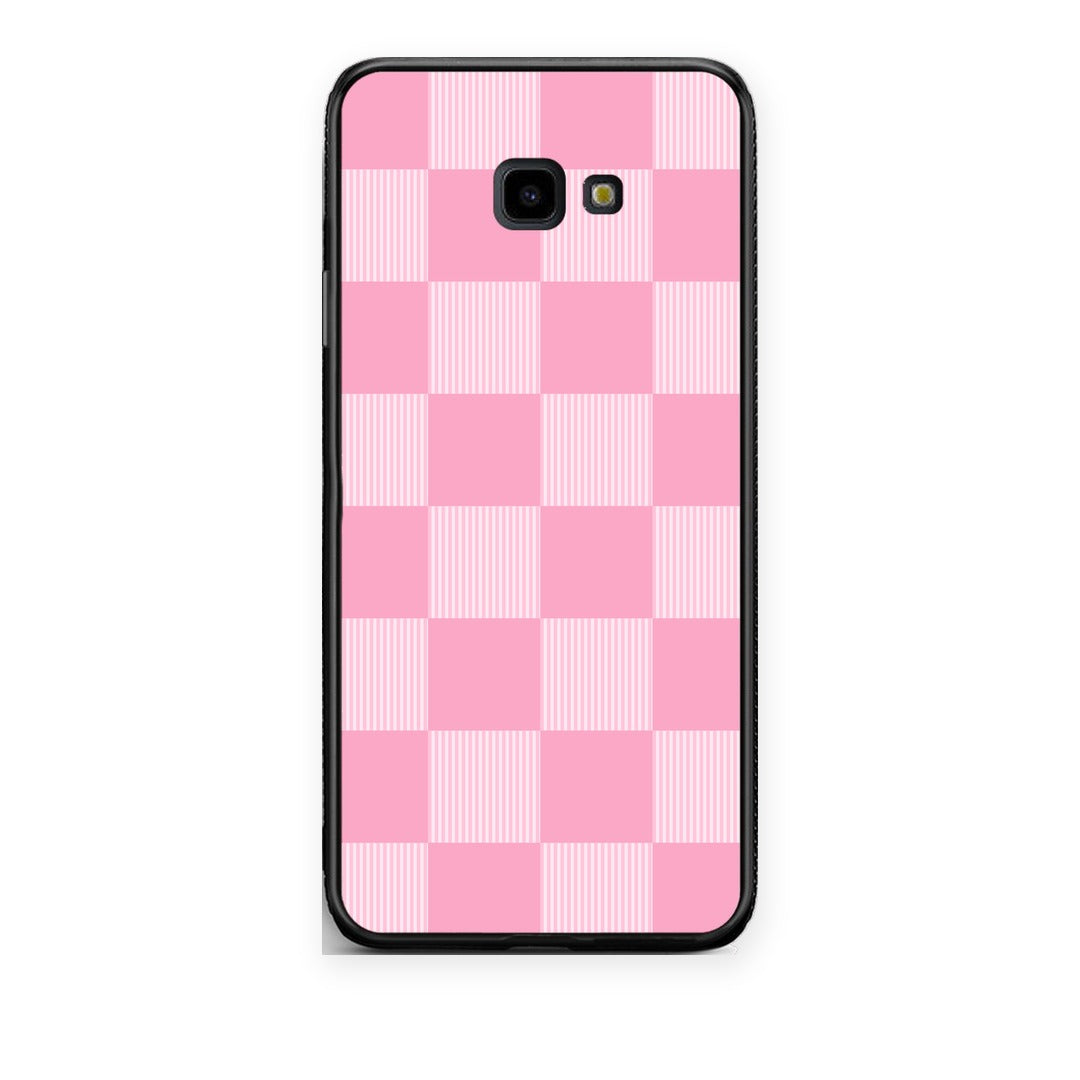 Θήκη Samsung Galaxy J4+ Pink and White Striped Checks από τη Smartfits με σχέδιο στο πίσω μέρος και μαύρο περίβλημα | Samsung Galaxy J4+ Pink and White Striped Checks case with colorful back and black bezels