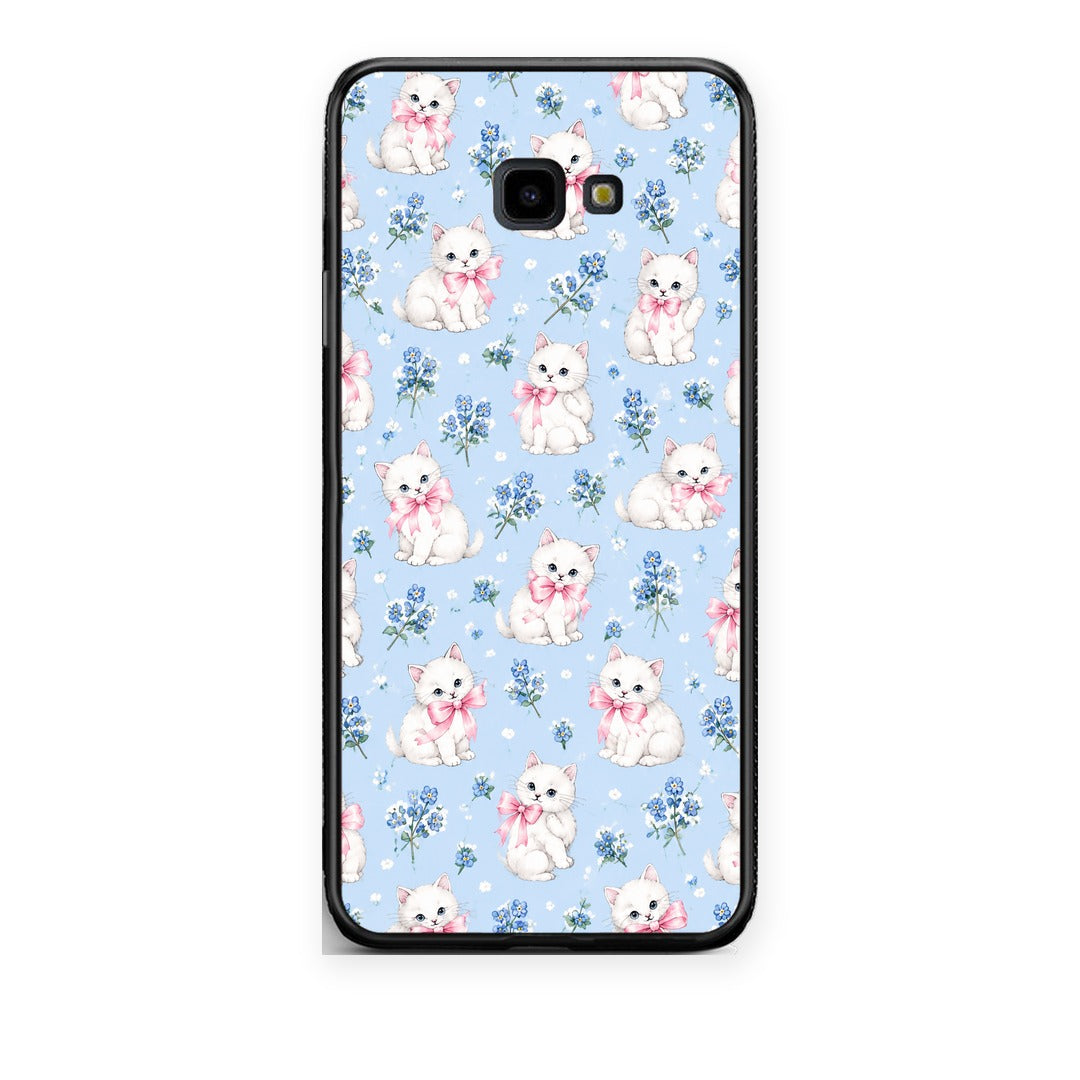Θήκη Samsung Galaxy J4+ White Kittens and Blue Flowers Small από τη Smartfits με σχέδιο στο πίσω μέρος και μαύρο περίβλημα | Samsung Galaxy J4+ White Kittens and Blue Flowers Small case with colorful back and black bezels