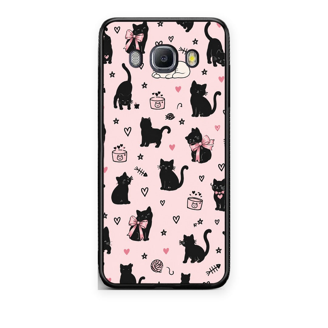 Θήκη Samsung Galaxy J7 2016 Black Cat Doodles on Pink από τη Smartfits με σχέδιο στο πίσω μέρος και μαύρο περίβλημα | Samsung Galaxy J7 2016 Black Cat Doodles on Pink case with colorful back and black bezels