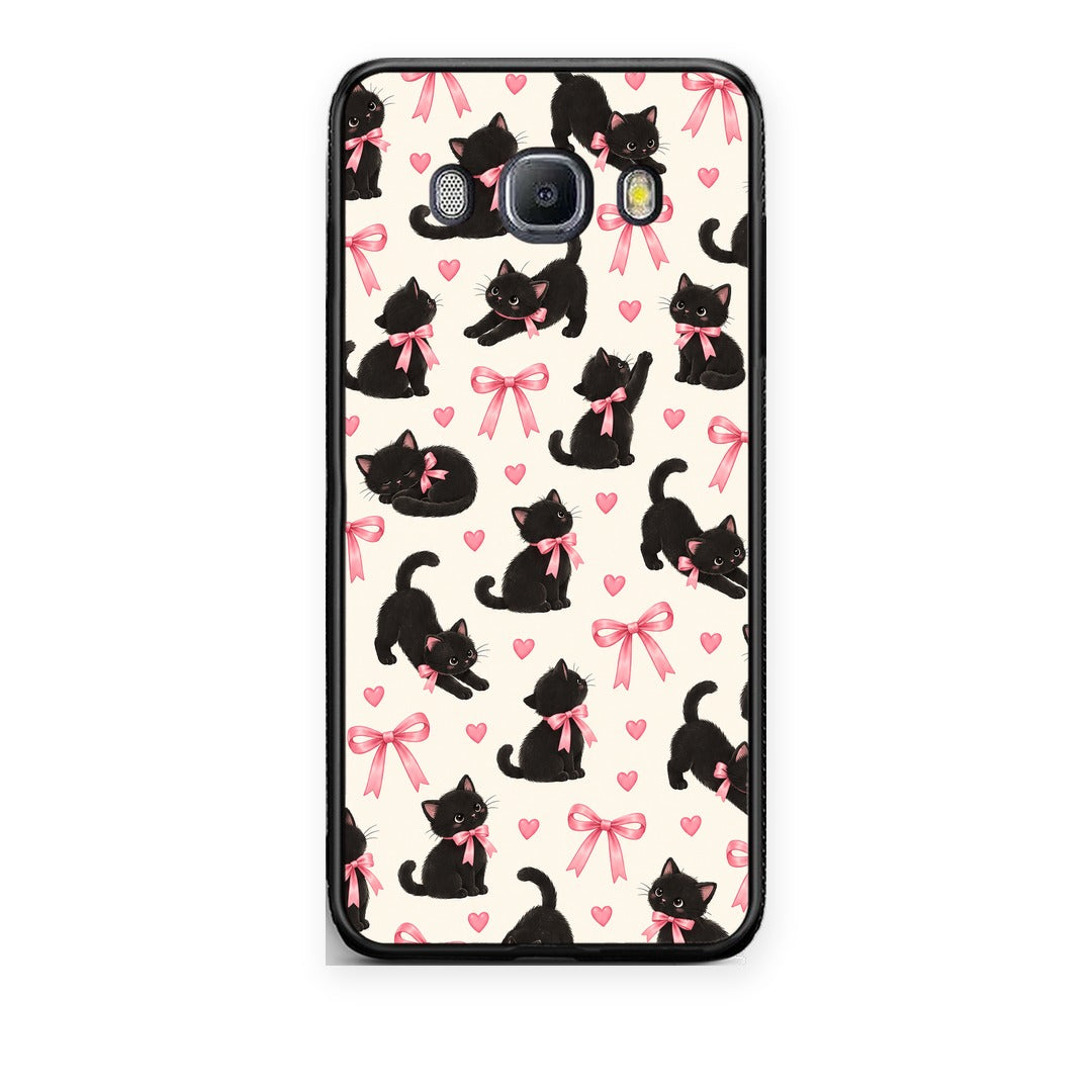 Θήκη Samsung Galaxy J7 2016 Black Kittens and Pink Bows on Cream Small από τη Smartfits με σχέδιο στο πίσω μέρος και μαύρο περίβλημα | Samsung Galaxy J7 2016 Black Kittens and Pink Bows on Cream Small case with colorful back and black bezels