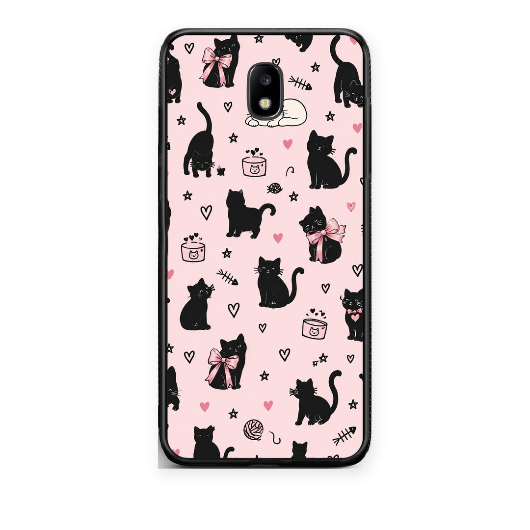 Θήκη Samsung Galaxy J7 2017 Black Cat Doodles on Pink από τη Smartfits με σχέδιο στο πίσω μέρος και μαύρο περίβλημα | Samsung Galaxy J7 2017 Black Cat Doodles on Pink case with colorful back and black bezels