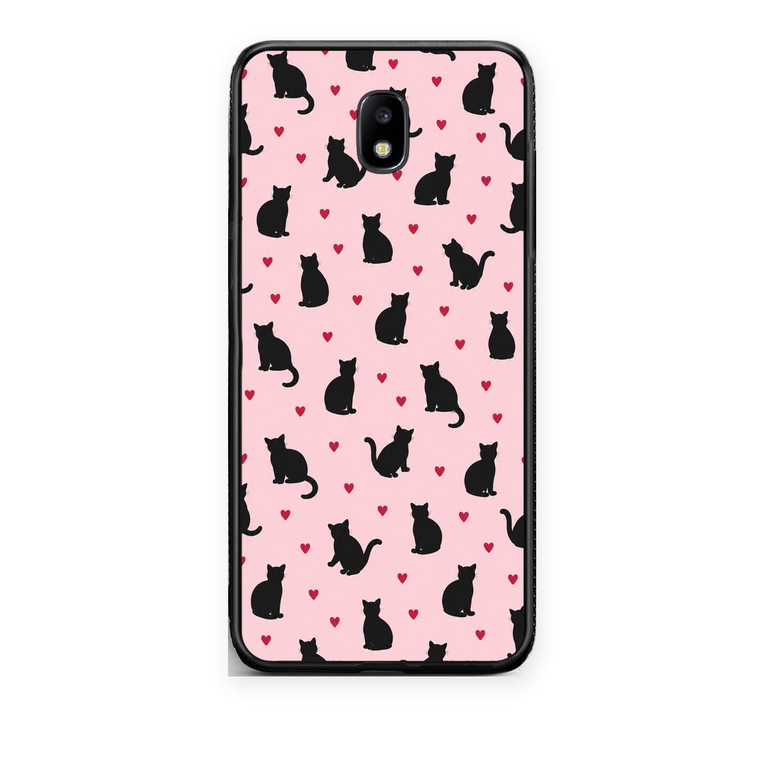 Θήκη Samsung Galaxy J7 2017 Black Cat Silhouettes and Hearts on Pink από τη Smartfits με σχέδιο στο πίσω μέρος και μαύρο περίβλημα | Samsung Galaxy J7 2017 Black Cat Silhouettes and Hearts on Pink case with colorful back and black bezels