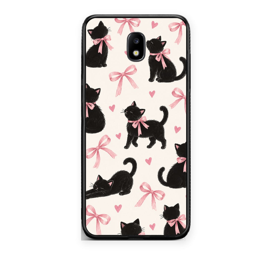 Θήκη Samsung Galaxy J7 2017 Black Kittens and Pink Bows on Cream Large από τη Smartfits με σχέδιο στο πίσω μέρος και μαύρο περίβλημα | Samsung Galaxy J7 2017 Black Kittens and Pink Bows on Cream Large case with colorful back and black bezels