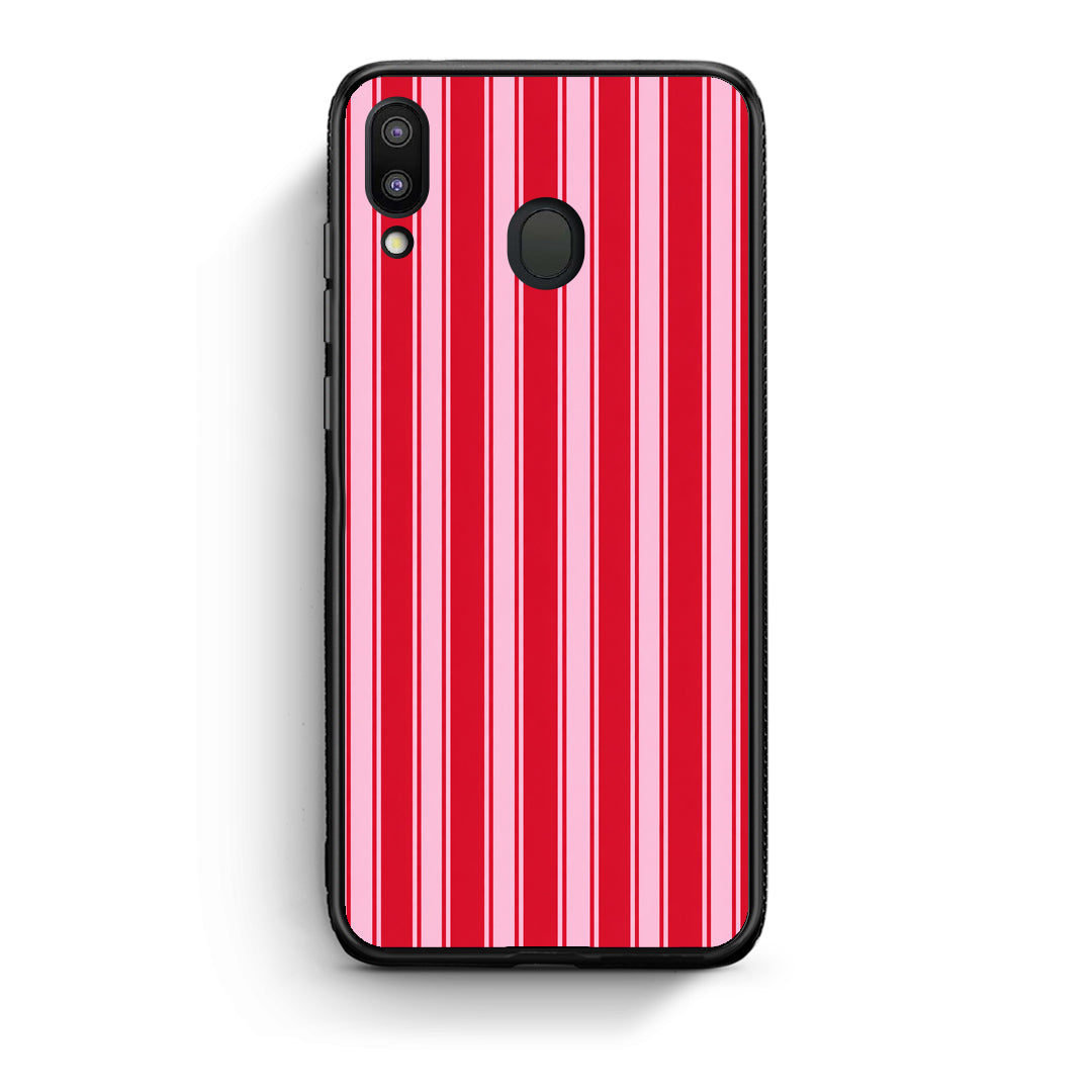 Θήκη Samsung Galaxy M20 Red and Pink Vertical Pinstripes από τη Smartfits με σχέδιο στο πίσω μέρος και μαύρο περίβλημα | Samsung Galaxy M20 Red and Pink Vertical Pinstripes case with colorful back and black bezels