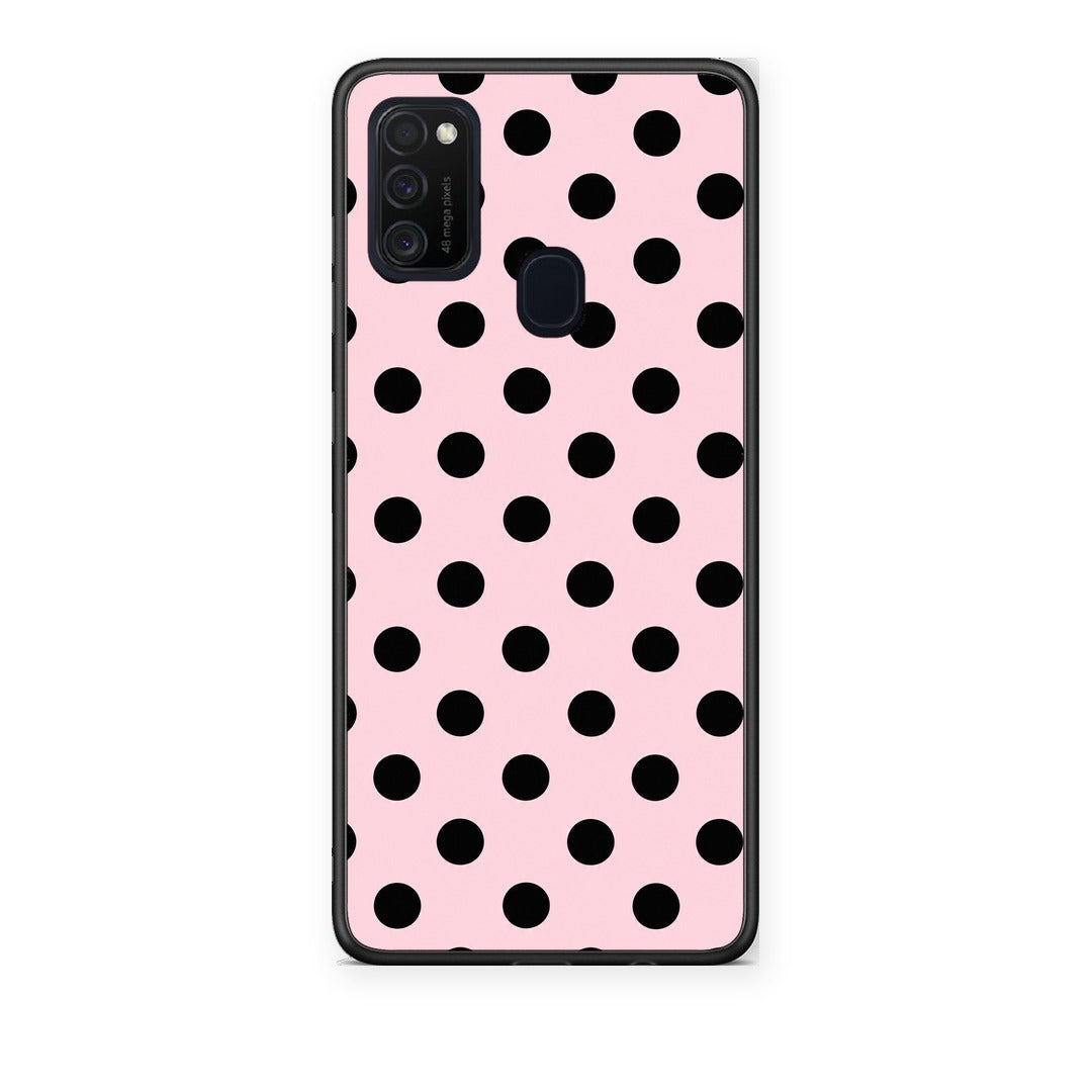 Θήκη Samsung Galaxy M21 / M30s Black Polka Dots on Pink από τη Smartfits με σχέδιο στο πίσω μέρος και μαύρο περίβλημα | Samsung Galaxy M21 / M30s Black Polka Dots on Pink case with colorful back and black bezels