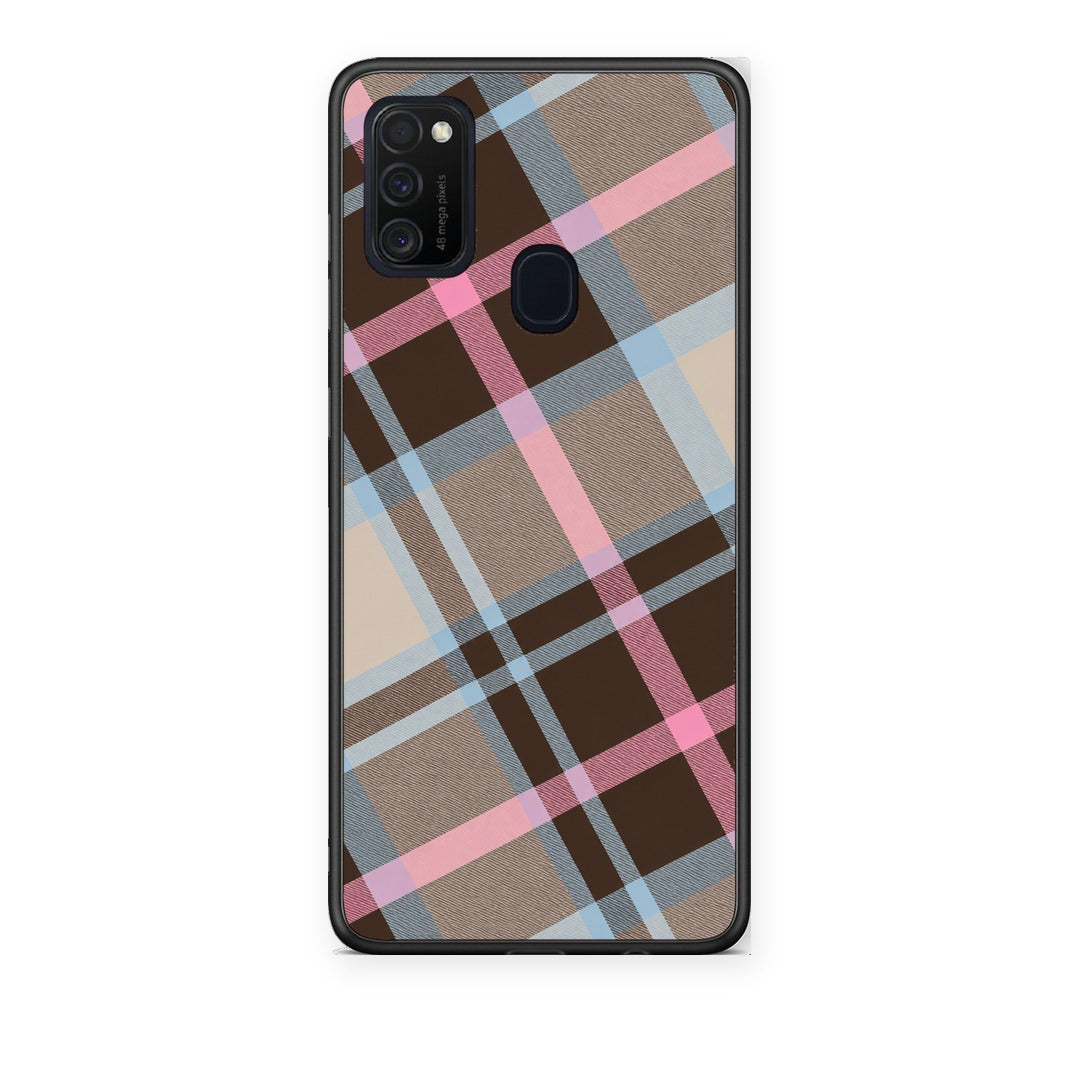 Θήκη Samsung Galaxy M21 / M30s Brown Pink and Blue Diagonal Plaid από τη Smartfits με σχέδιο στο πίσω μέρος και μαύρο περίβλημα | Samsung Galaxy M21 / M30s Brown Pink and Blue Diagonal Plaid case with colorful back and black bezels