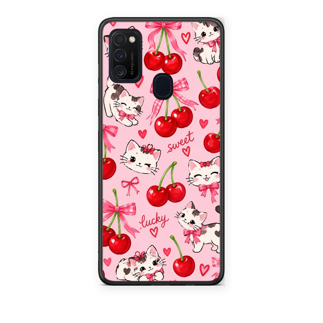 Θήκη Samsung Galaxy M21 / M30s Cherries Bows and Kittens on Pink από τη Smartfits με σχέδιο στο πίσω μέρος και μαύρο περίβλημα | Samsung Galaxy M21 / M30s Cherries Bows and Kittens on Pink case with colorful back and black bezels