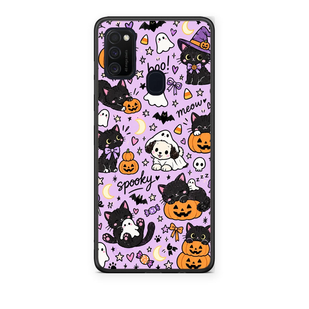 Θήκη Samsung Galaxy M21 / M30s Halloween Black Cats on Lilac από τη Smartfits με σχέδιο στο πίσω μέρος και μαύρο περίβλημα | Samsung Galaxy M21 / M30s Halloween Black Cats on Lilac case with colorful back and black bezels