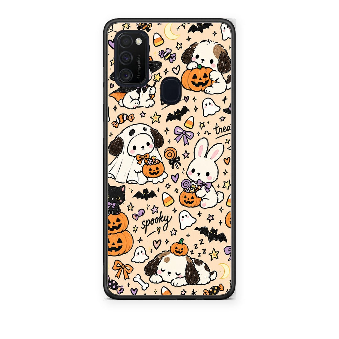 Θήκη Samsung Galaxy M21 / M30s Halloween Puppies and Friends on Cream από τη Smartfits με σχέδιο στο πίσω μέρος και μαύρο περίβλημα | Samsung Galaxy M21 / M30s Halloween Puppies and Friends on Cream case with colorful back and black bezels