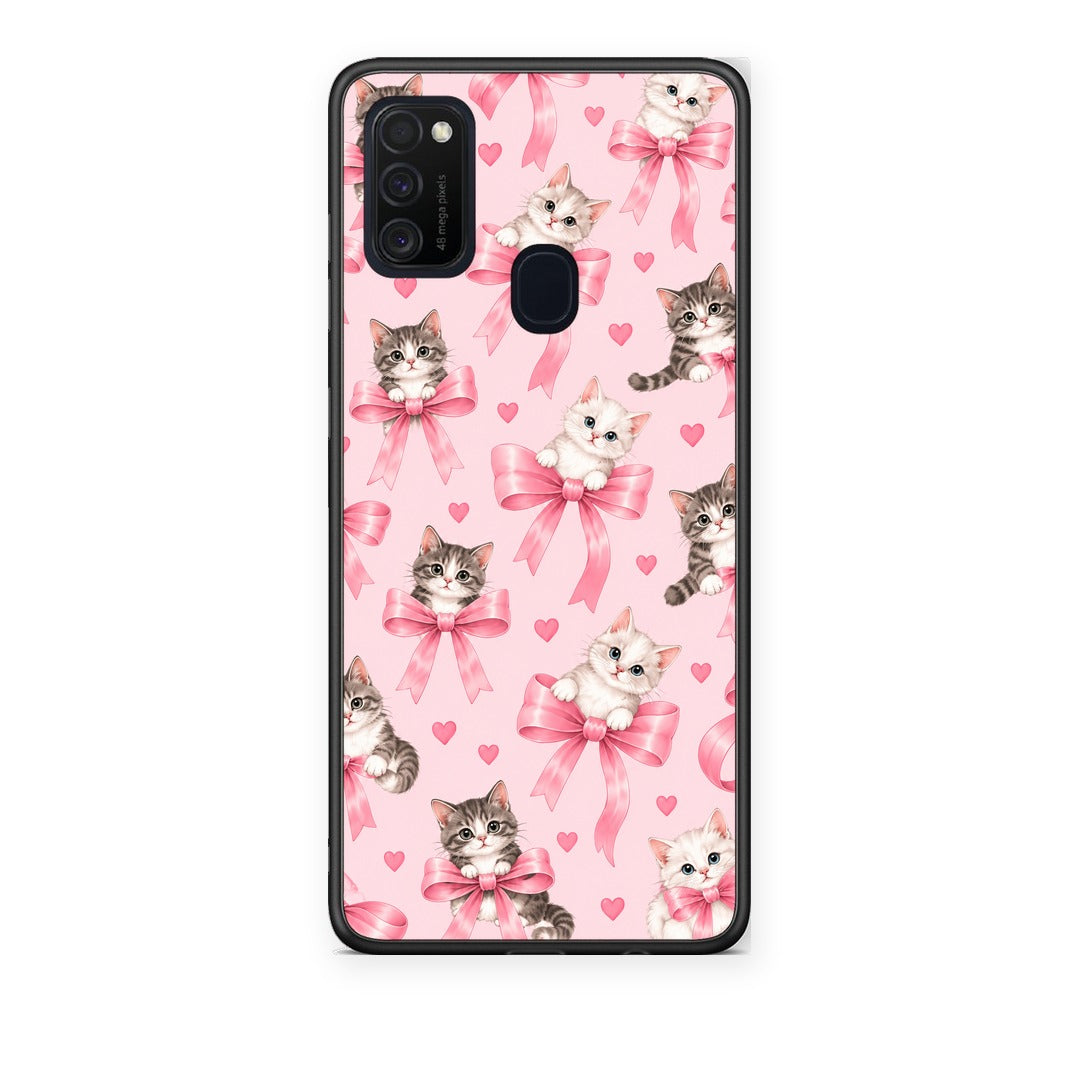 Θήκη Samsung Galaxy M21 / M30s Kittens and Pink Bows on Pink από τη Smartfits με σχέδιο στο πίσω μέρος και μαύρο περίβλημα | Samsung Galaxy M21 / M30s Kittens and Pink Bows on Pink case with colorful back and black bezels