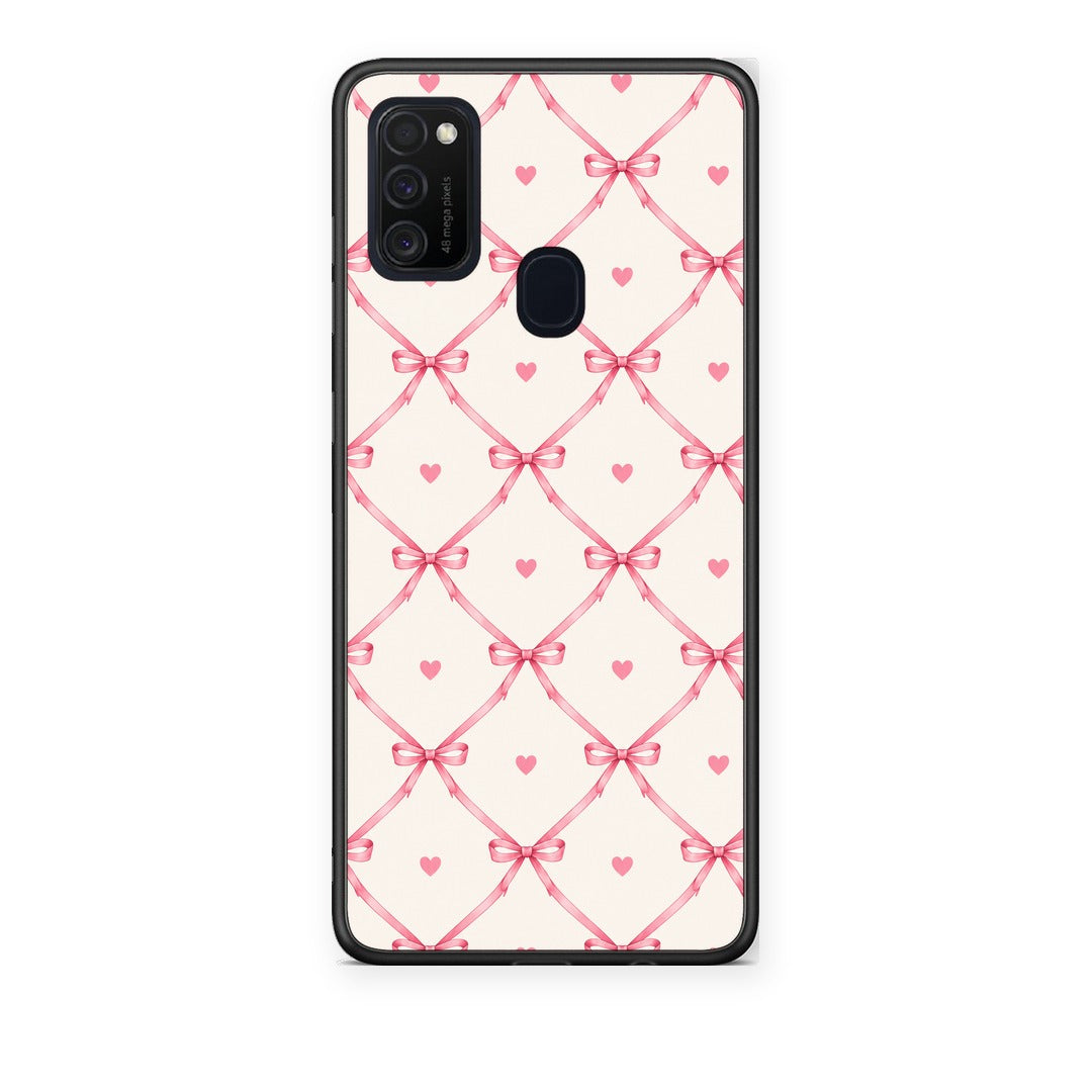 Θήκη Samsung Galaxy M21 / M30s Pink Bow Lattice and Hearts on Cream από τη Smartfits με σχέδιο στο πίσω μέρος και μαύρο περίβλημα | Samsung Galaxy M21 / M30s Pink Bow Lattice and Hearts on Cream case with colorful back and black bezels