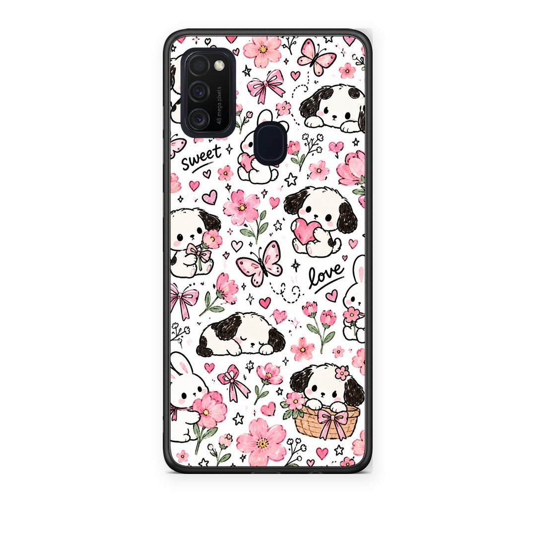 Θήκη Samsung Galaxy M21 / M30s Pink Florals Puppies and Bunnies on White από τη Smartfits με σχέδιο στο πίσω μέρος και μαύρο περίβλημα | Samsung Galaxy M21 / M30s Pink Florals Puppies and Bunnies on White case with colorful back and black bezels
