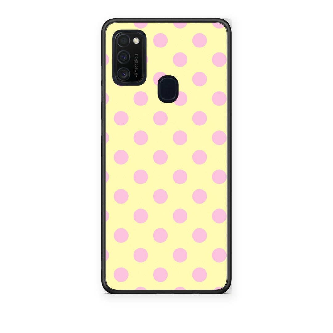Θήκη Samsung Galaxy M21 / M30s Pink Polka Dots on Yellow από τη Smartfits με σχέδιο στο πίσω μέρος και μαύρο περίβλημα | Samsung Galaxy M21 / M30s Pink Polka Dots on Yellow case with colorful back and black bezels