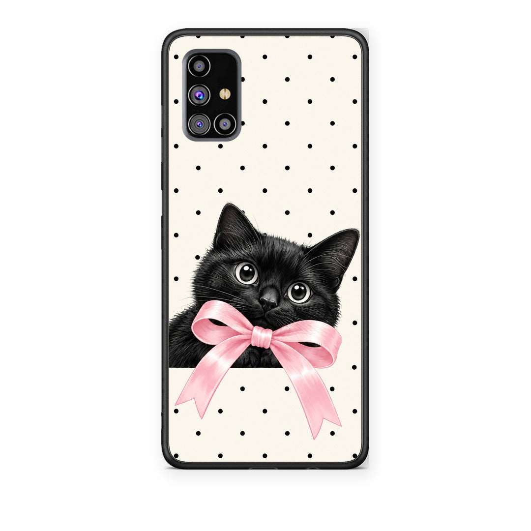 Θήκη Samsung Galaxy M31s Black Kitten Pink Bow and Polka Dots από τη Smartfits με σχέδιο στο πίσω μέρος και μαύρο περίβλημα | Samsung Galaxy M31s Black Kitten Pink Bow and Polka Dots case with colorful back and black bezels