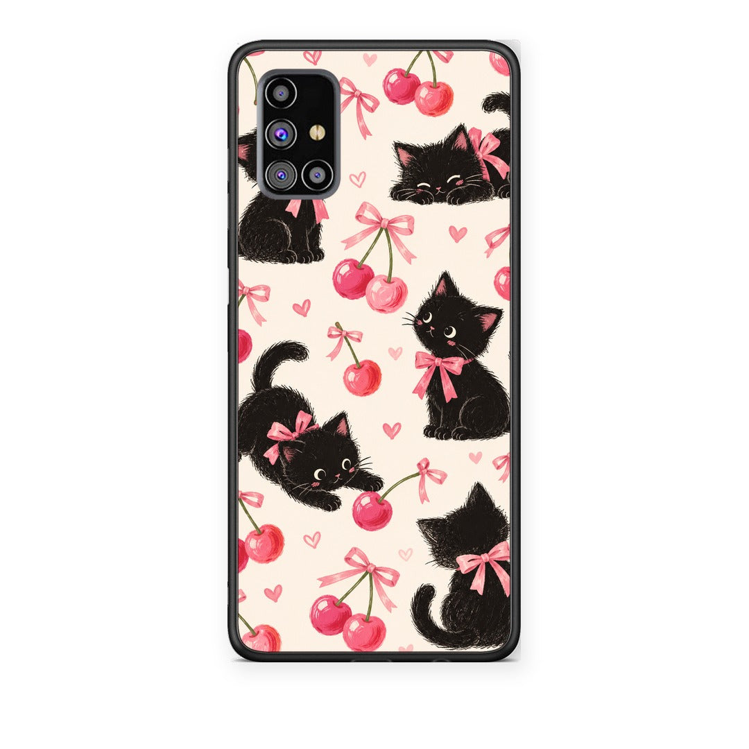 Θήκη Samsung Galaxy M31s Black Kittens and Cherries on Cream από τη Smartfits με σχέδιο στο πίσω μέρος και μαύρο περίβλημα | Samsung Galaxy M31s Black Kittens and Cherries on Cream case with colorful back and black bezels
