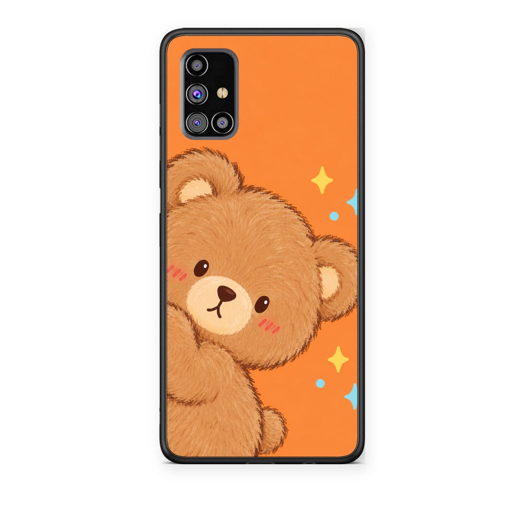 Θήκη Samsung Galaxy M31s Peekaboo Teddy on Orange από τη Smartfits με σχέδιο στο πίσω μέρος και μαύρο περίβλημα | Samsung Galaxy M31s Peekaboo Teddy on Orange case with colorful back and black bezels