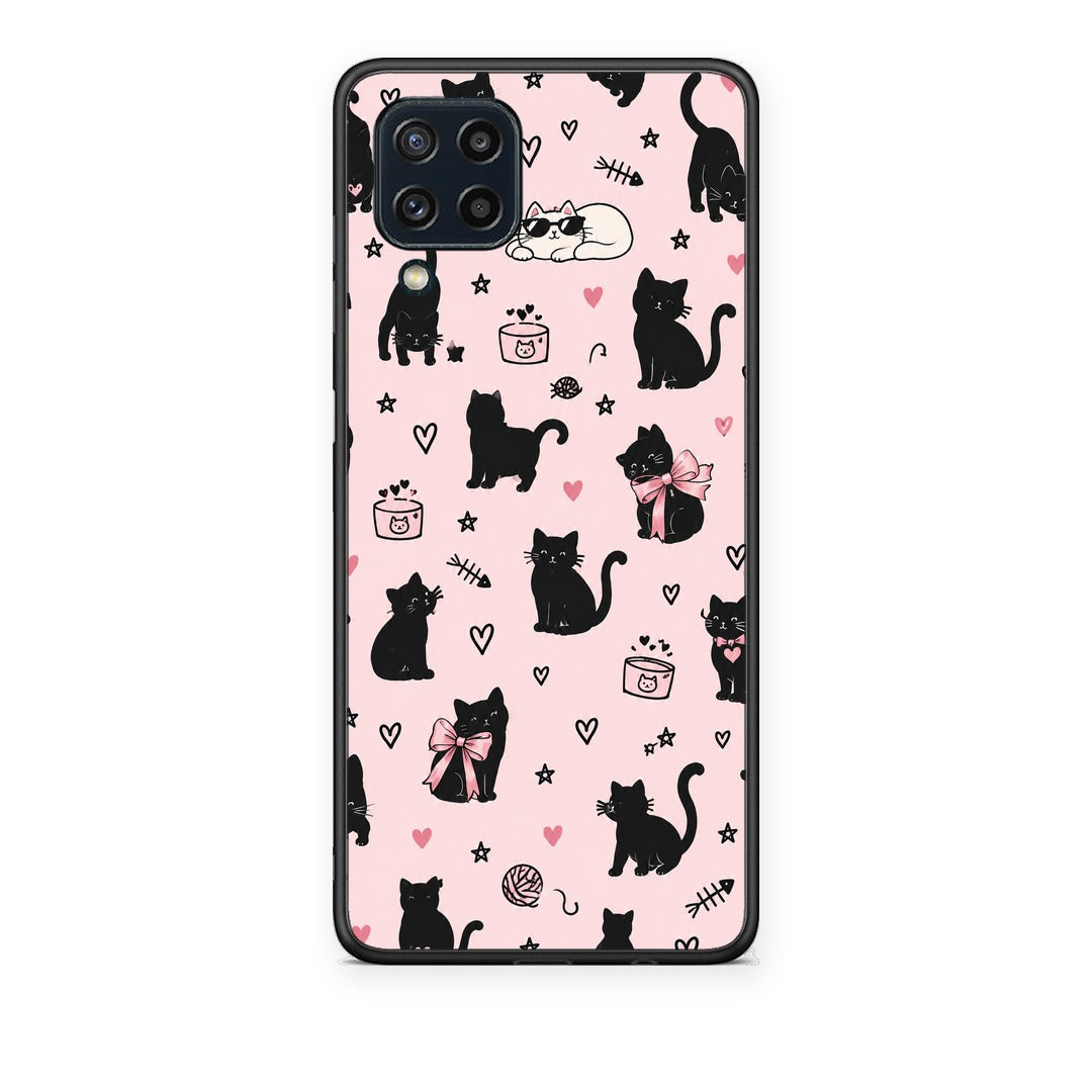 Θήκη Samsung Galaxy M32 4G / M22 Black Cat Doodles on Pink από τη Smartfits με σχέδιο στο πίσω μέρος και μαύρο περίβλημα | Samsung Galaxy M32 4G / M22 Black Cat Doodles on Pink case with colorful back and black bezels