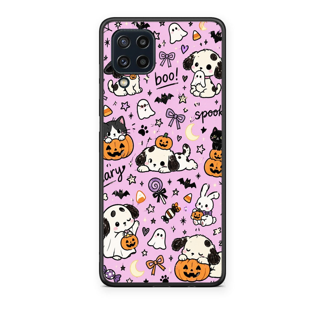 Θήκη Samsung Galaxy M32 4G / M22 Halloween Puppies and Friends on Lilac από τη Smartfits με σχέδιο στο πίσω μέρος και μαύρο περίβλημα | Samsung Galaxy M32 4G / M22 Halloween Puppies and Friends on Lilac case with colorful back and black bezels