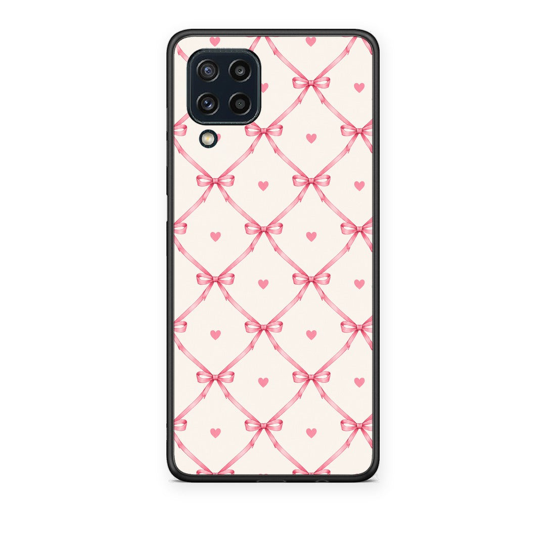 Θήκη Samsung Galaxy M32 4G / M22 Pink Bow Lattice and Hearts on Cream από τη Smartfits με σχέδιο στο πίσω μέρος και μαύρο περίβλημα | Samsung Galaxy M32 4G / M22 Pink Bow Lattice and Hearts on Cream case with colorful back and black bezels