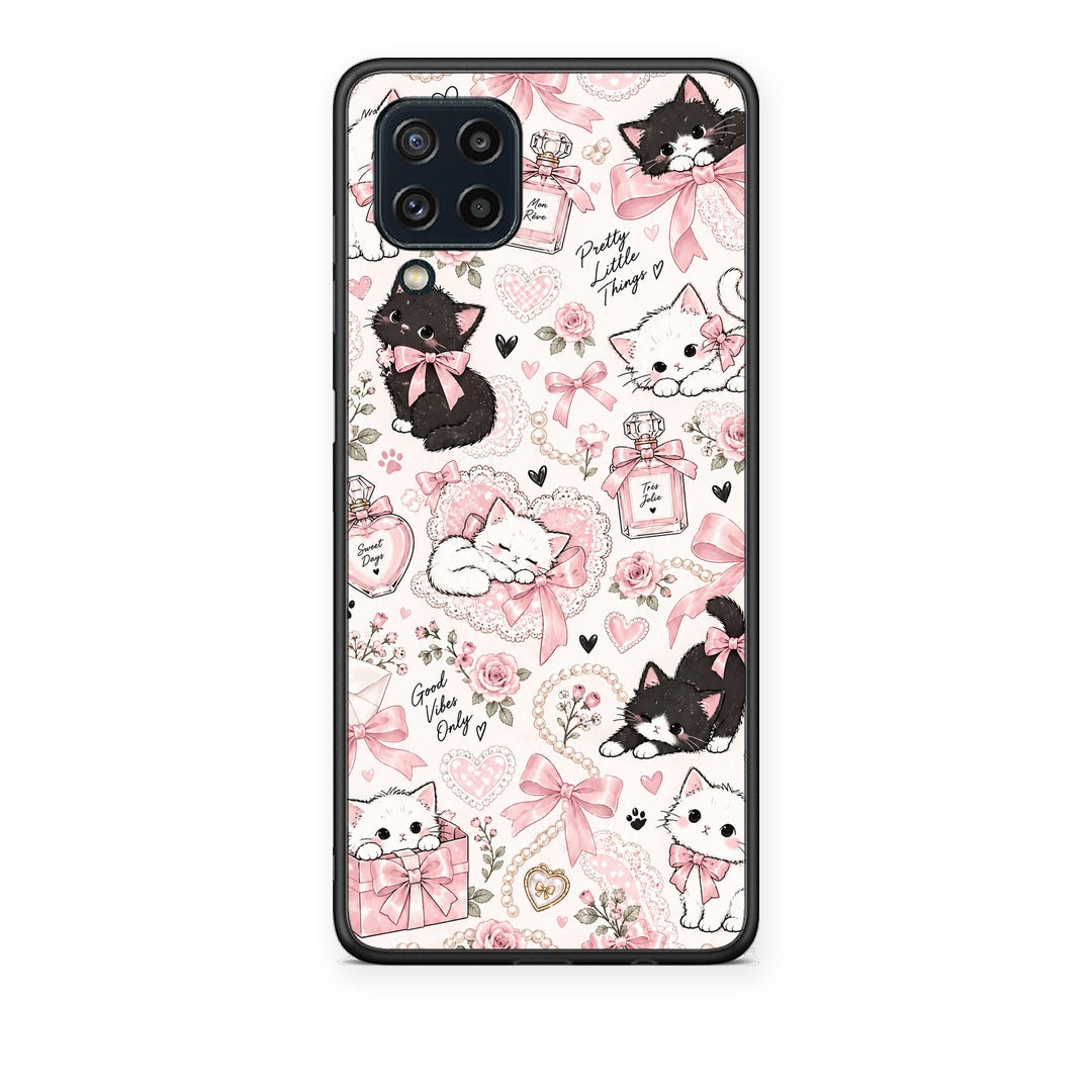 Θήκη Samsung Galaxy M32 4G / M22 Pink Bows and Kittens Collage από τη Smartfits με σχέδιο στο πίσω μέρος και μαύρο περίβλημα | Samsung Galaxy M32 4G / M22 Pink Bows and Kittens Collage case with colorful back and black bezels