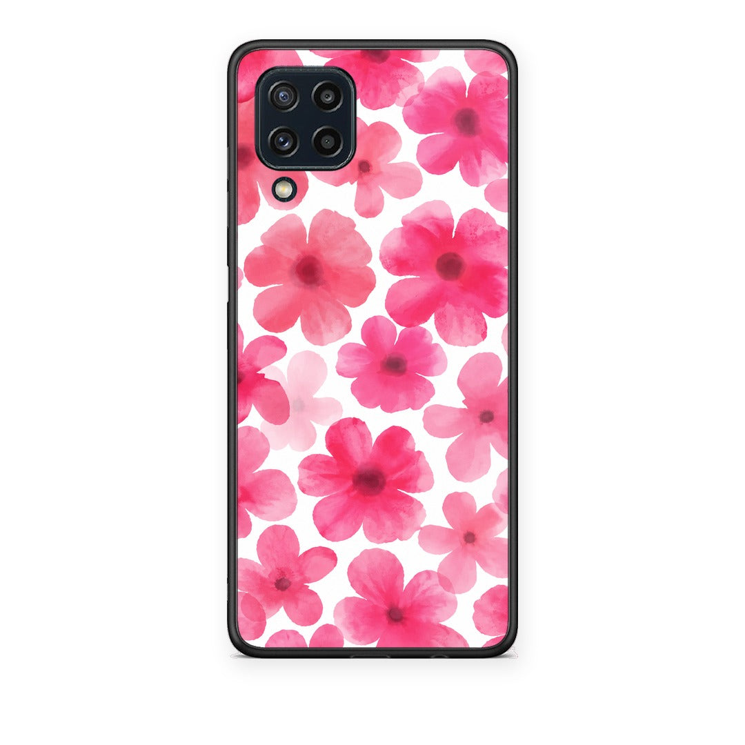 Θήκη Samsung Galaxy M32 4G / M22 Pink Watercolour Flowers on White από τη Smartfits με σχέδιο στο πίσω μέρος και μαύρο περίβλημα | Samsung Galaxy M32 4G / M22 Pink Watercolour Flowers on White case with colorful back and black bezels