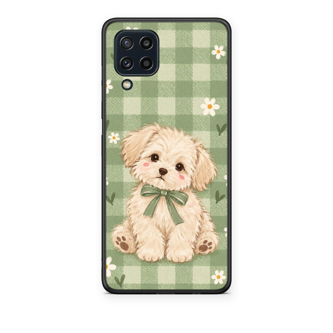 Θήκη Samsung Galaxy M32 4G / M22 Puppy and Daisies on Sage Gingham από τη Smartfits με σχέδιο στο πίσω μέρος και μαύρο περίβλημα | Samsung Galaxy M32 4G / M22 Puppy and Daisies on Sage Gingham case with colorful back and black bezels