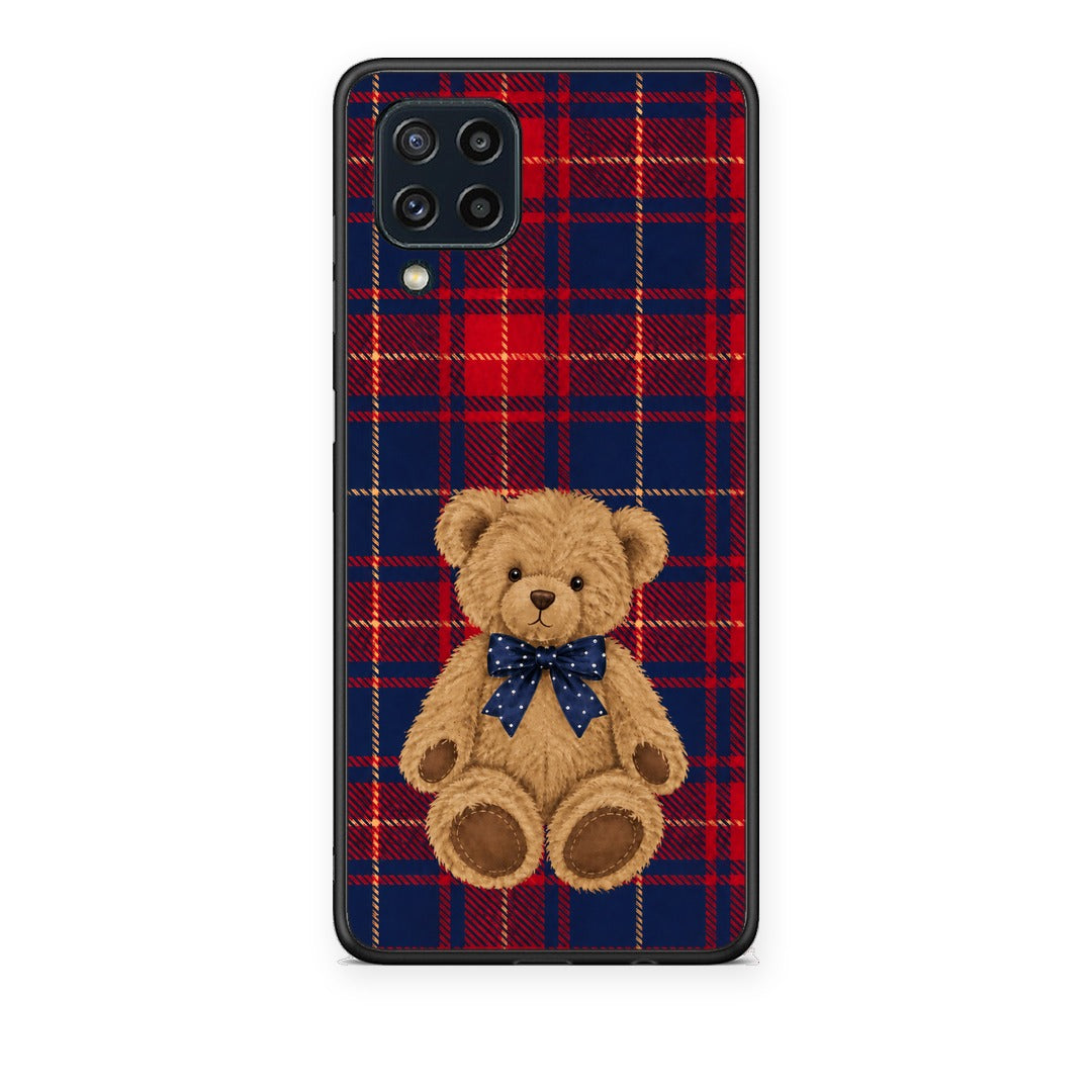 Θήκη Samsung Galaxy M32 4G / M22 Teddy Bear on Red and Navy Tartan από τη Smartfits με σχέδιο στο πίσω μέρος και μαύρο περίβλημα | Samsung Galaxy M32 4G / M22 Teddy Bear on Red and Navy Tartan case with colorful back and black bezels