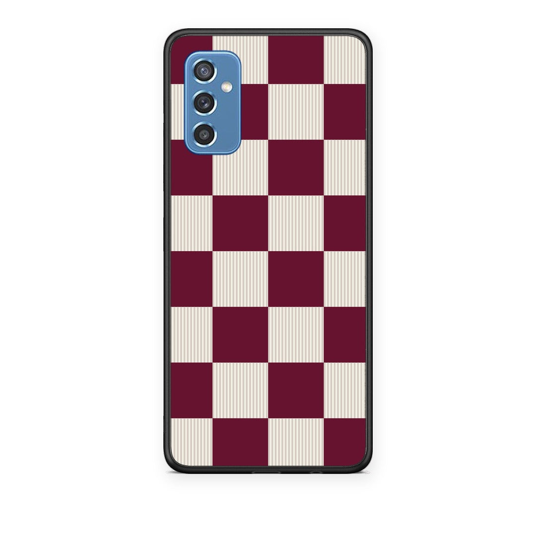 Θήκη Samsung Galaxy M52 5G Burgundy and Cream Striped Checks από τη Smartfits με σχέδιο στο πίσω μέρος και μαύρο περίβλημα | Samsung Galaxy M52 5G Burgundy and Cream Striped Checks case with colorful back and black bezels