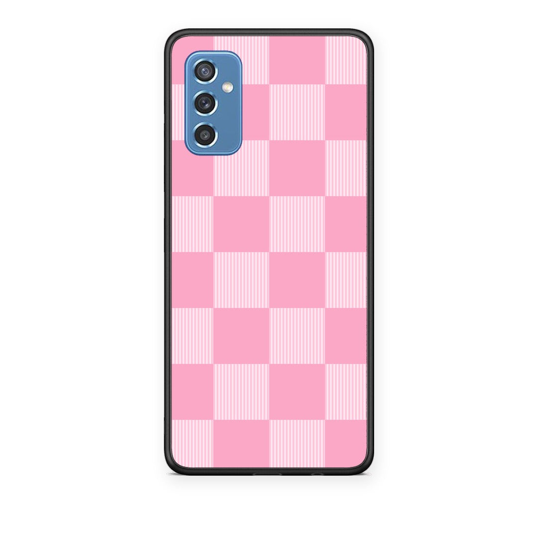 Θήκη Samsung Galaxy M52 5G Pink and White Striped Checks από τη Smartfits με σχέδιο στο πίσω μέρος και μαύρο περίβλημα | Samsung Galaxy M52 5G Pink and White Striped Checks case with colorful back and black bezels