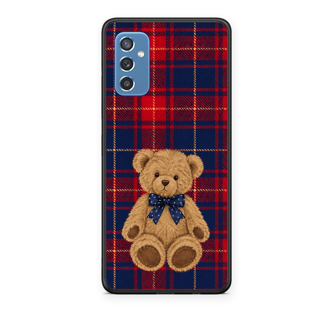 Θήκη Samsung Galaxy M52 5G Teddy Bear on Red and Navy Tartan από τη Smartfits με σχέδιο στο πίσω μέρος και μαύρο περίβλημα | Samsung Galaxy M52 5G Teddy Bear on Red and Navy Tartan case with colorful back and black bezels