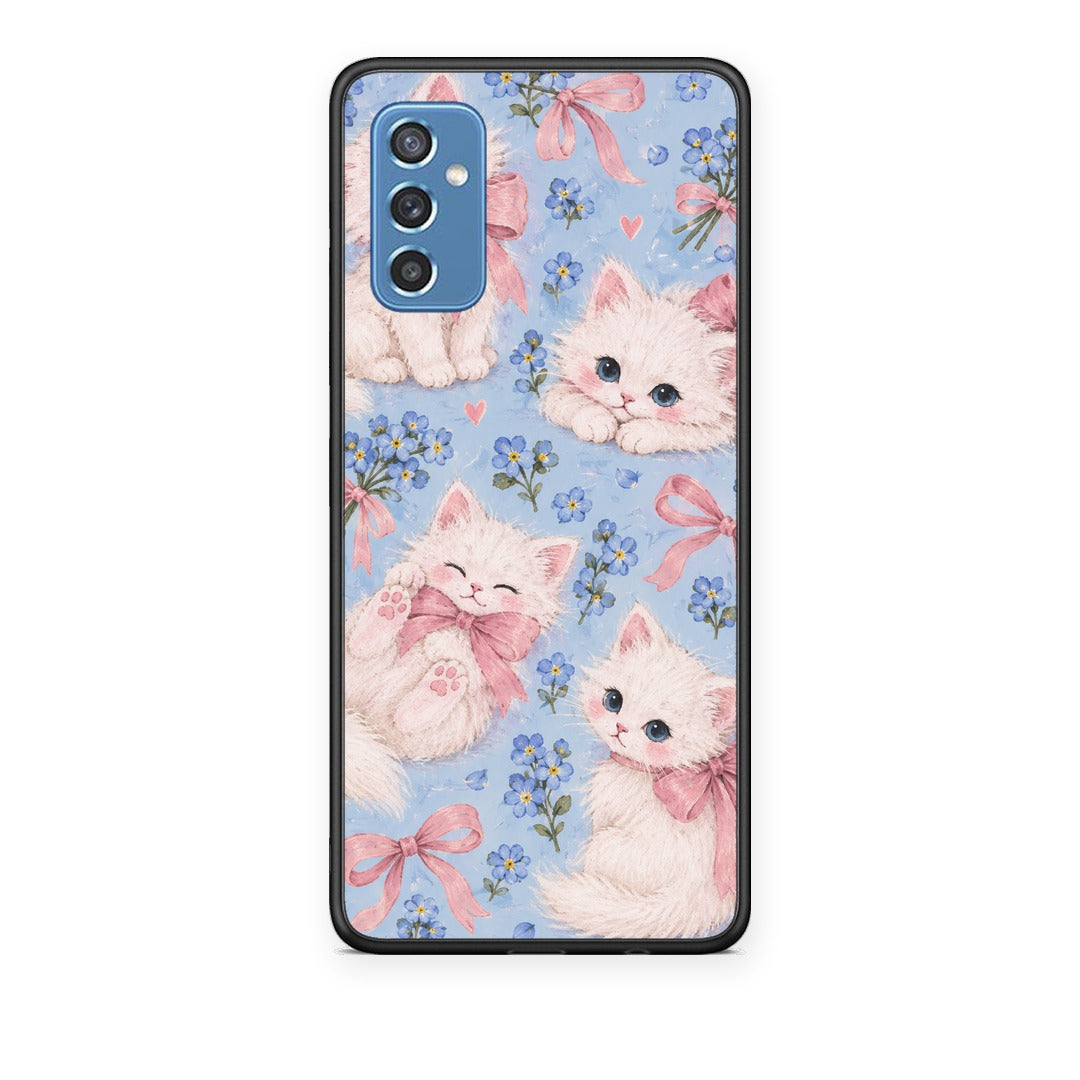 Θήκη Samsung Galaxy M52 5G White Kittens and Blue Flowers Large από τη Smartfits με σχέδιο στο πίσω μέρος και μαύρο περίβλημα | Samsung Galaxy M52 5G White Kittens and Blue Flowers Large case with colorful back and black bezels