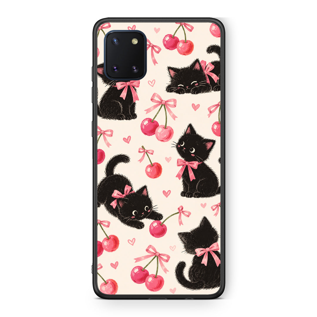 Θήκη Samsung Galaxy Note 10 Lite Black Kittens and Cherries on Cream από τη Smartfits με σχέδιο στο πίσω μέρος και μαύρο περίβλημα | Samsung Galaxy Note 10 Lite Black Kittens and Cherries on Cream case with colorful back and black bezels