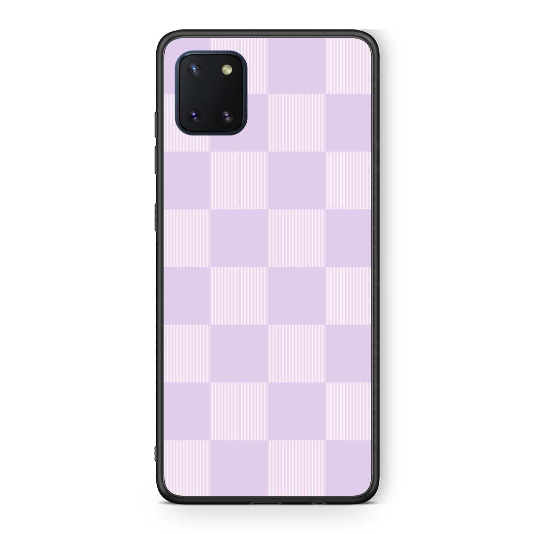 Θήκη Samsung Galaxy Note 10 Lite Lilac and Cream Striped Checks από τη Smartfits με σχέδιο στο πίσω μέρος και μαύρο περίβλημα | Samsung Galaxy Note 10 Lite Lilac and Cream Striped Checks case with colorful back and black bezels