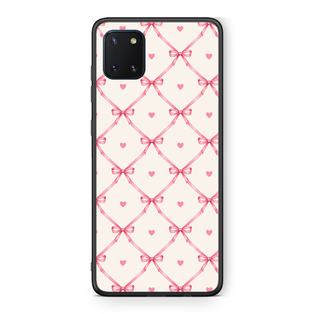 Θήκη Samsung Galaxy Note 10 Lite Pink Bow Lattice and Hearts on Cream από τη Smartfits με σχέδιο στο πίσω μέρος και μαύρο περίβλημα | Samsung Galaxy Note 10 Lite Pink Bow Lattice and Hearts on Cream case with colorful back and black bezels