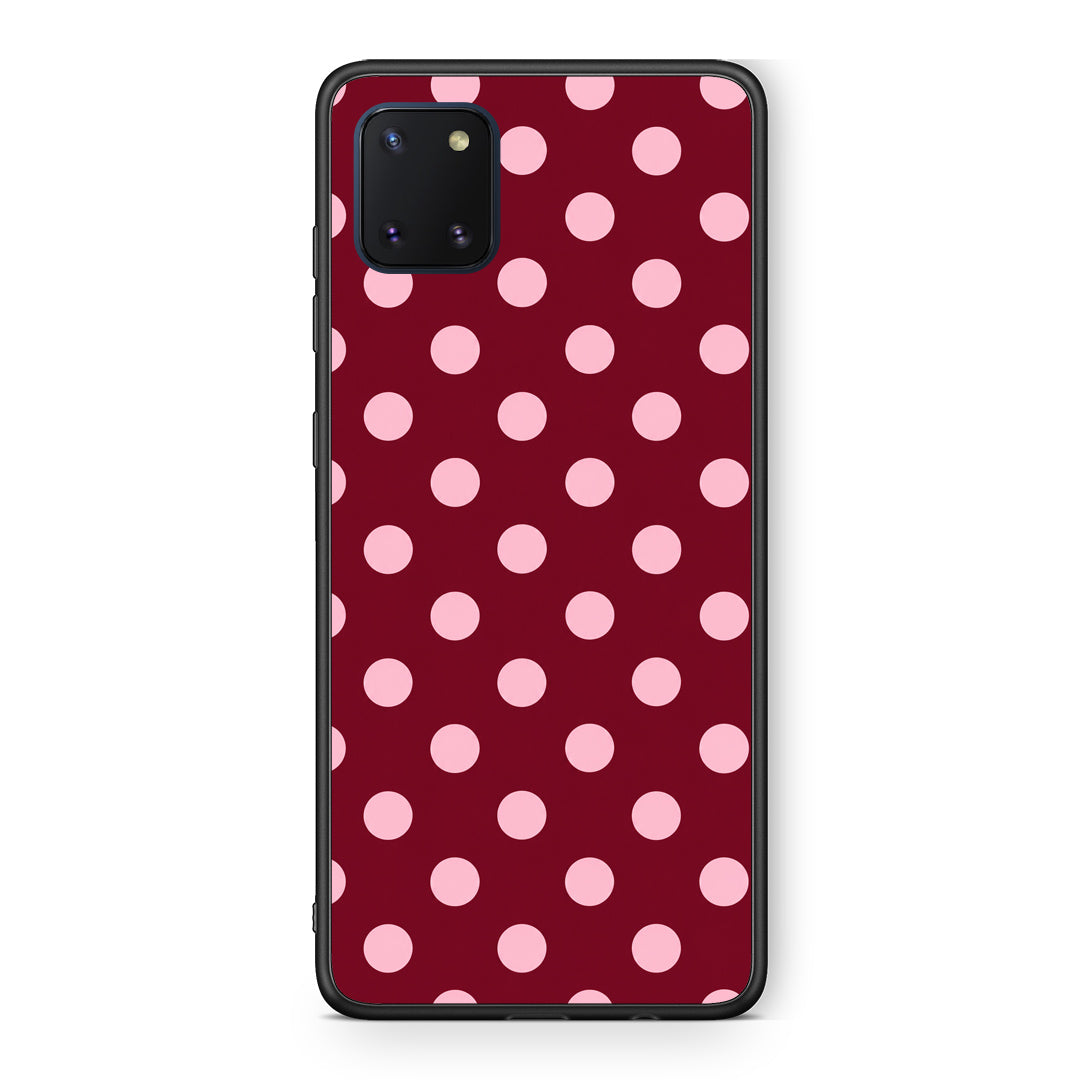 Θήκη Samsung Galaxy Note 10 Lite Pink Polka Dots on Burgundy από τη Smartfits με σχέδιο στο πίσω μέρος και μαύρο περίβλημα | Samsung Galaxy Note 10 Lite Pink Polka Dots on Burgundy case with colorful back and black bezels