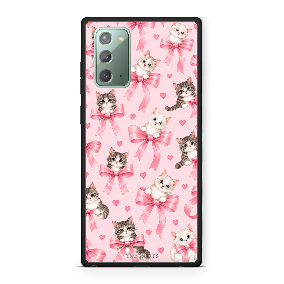 Θήκη Samsung Galaxy Note 20 Kittens and Pink Bows on Pink από τη Smartfits με σχέδιο στο πίσω μέρος και μαύρο περίβλημα | Samsung Galaxy Note 20 Kittens and Pink Bows on Pink case with colorful back and black bezels