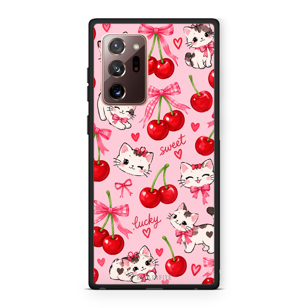 Θήκη Samsung Galaxy Note 20 Ultra Cherries Bows and Kittens on Pink από τη Smartfits με σχέδιο στο πίσω μέρος και μαύρο περίβλημα | Samsung Galaxy Note 20 Ultra Cherries Bows and Kittens on Pink case with colorful back and black bezels